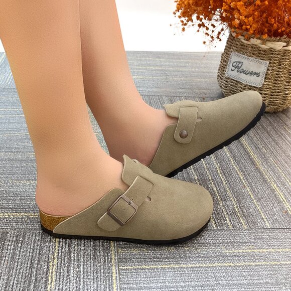 Lurnyet Women Slip On Taupe Suede Clogs with Buckle Closure Sandal - Picture 6 of 8